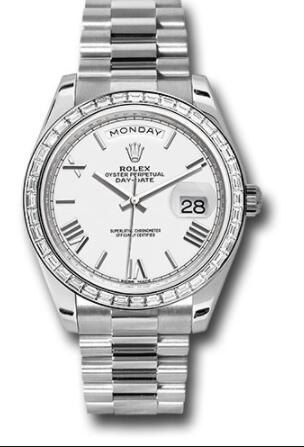 Replica Rolex 950 Platinum Day-Date 40 Watch 228396TBR Bezel White Bevelled Roman Dial President Bracelet